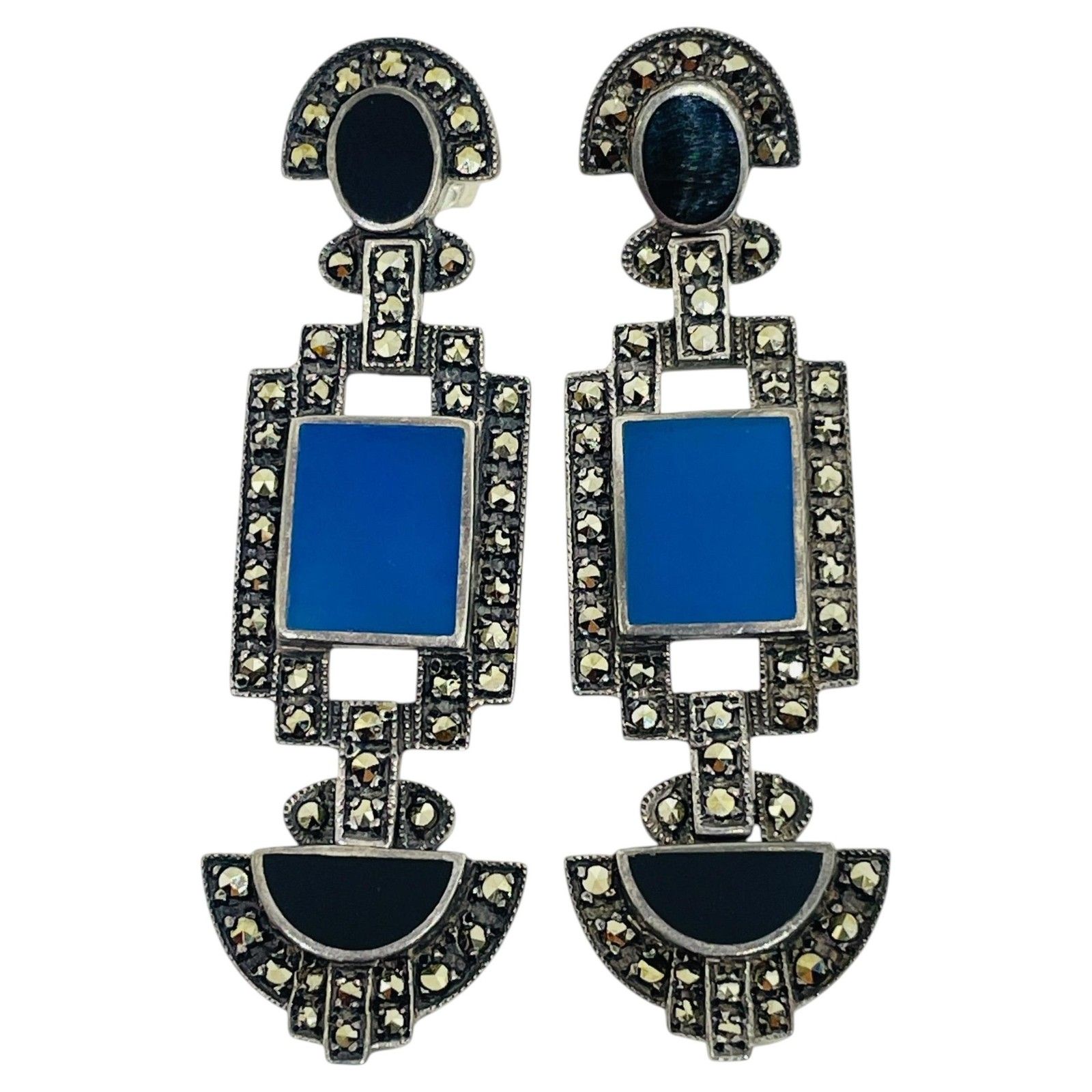 Vintage Art Deco Style Sterling Silver 925 Marcasite Enamel Dangle Earrings